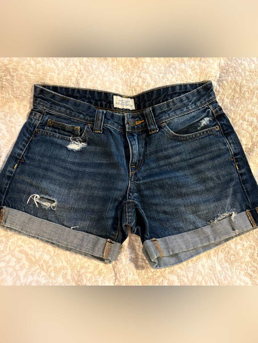 Aeropostale Distressed Rolled Hem Denim Shorts - Dark Blue